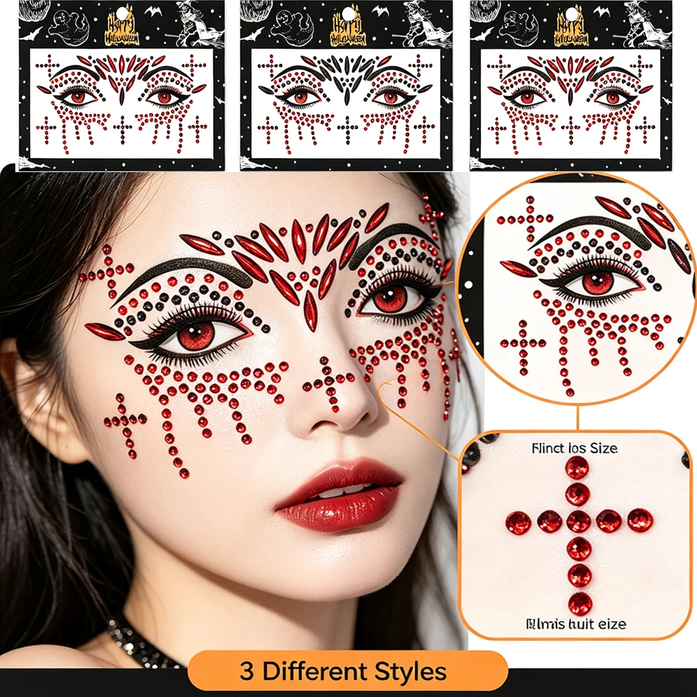 Halloween Face Gems Stickers 3 Styles Red Black Rhinestone Face Jewels Cross Eye Face Sticker Festival Face Body Makeup Decor T%
