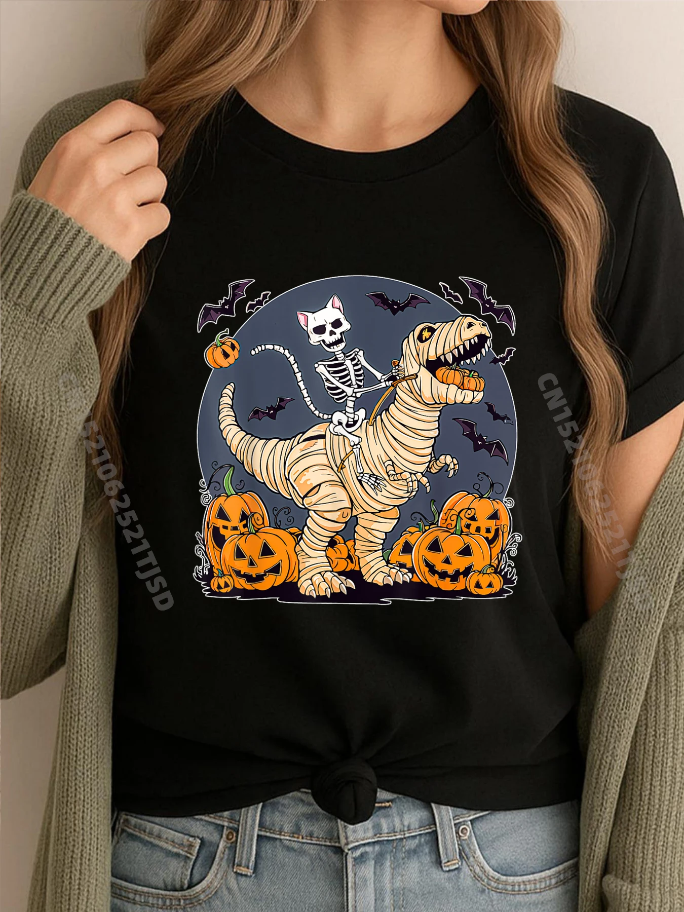 

Halloween Skeleton Cat Riding Mummy Dinosaur T Rex Boy Girl Woman T Shirts High Quality Oversized T Shirt Woman New Years Eve