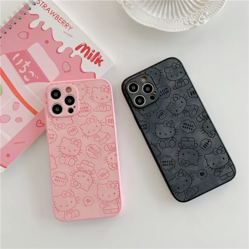 Hello Kitty Cartoon Phone Cases for IPhone 14 13 12 11 Pro Max XR XS MAX 8 X 7 SE 2022 Imitation Leather Kawaii Phone Back Cover