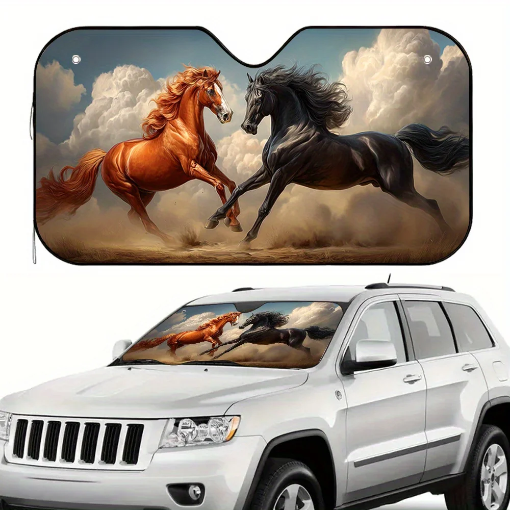 One Piece Of A Two-Dimensional Flat Sunshade Featuring Galloping Horses For – Boasts A High-Quality Print, Includes Four Suction