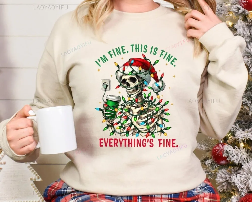Christmas Skeleton Crewneck Sweatshirt Funny Holiday Hoodie Women's Christmas Sweatshirt Humor Style Long Sleeve Sports Wear
