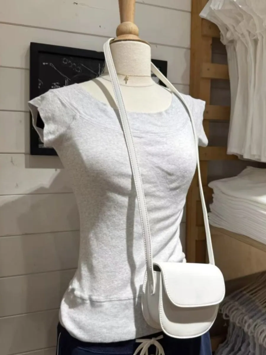 

Gray Knitted Slash Neck T-shirts Women Summer New Casual Streetwear Cotton Short Sleeve Tees Simple Sweet Chic Tshirt Y2K Tops