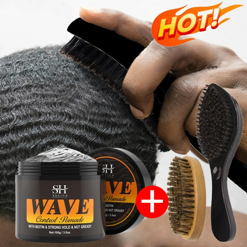 Sevich-crema de pomada ondulada, crema definidora rizada, Control de bordes, Gel de estilismo con cepillo de ondas, cera para el cabello para hombre negro