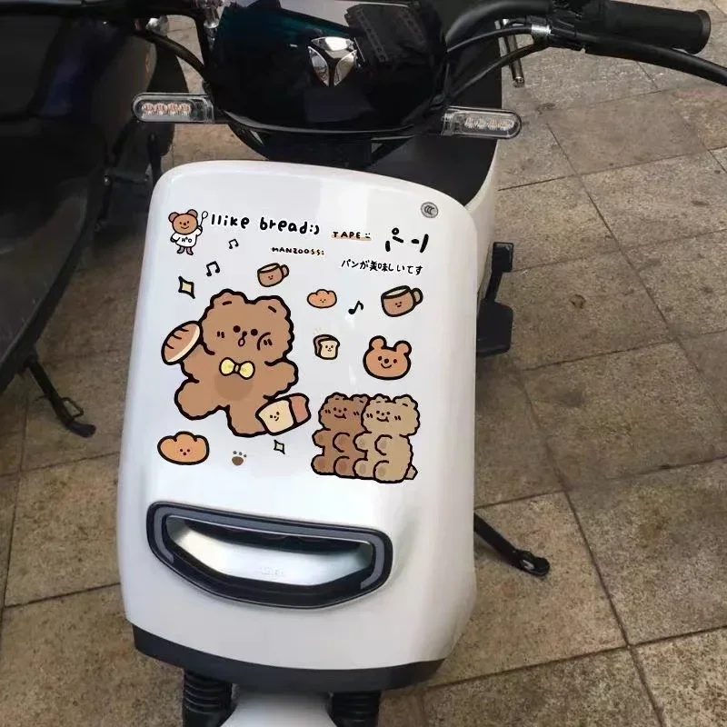 Adesivos bonitos dos desenhos animados para veículo elétrico, urso e pão paster para motocicleta, impermeável e resistente a riscos
