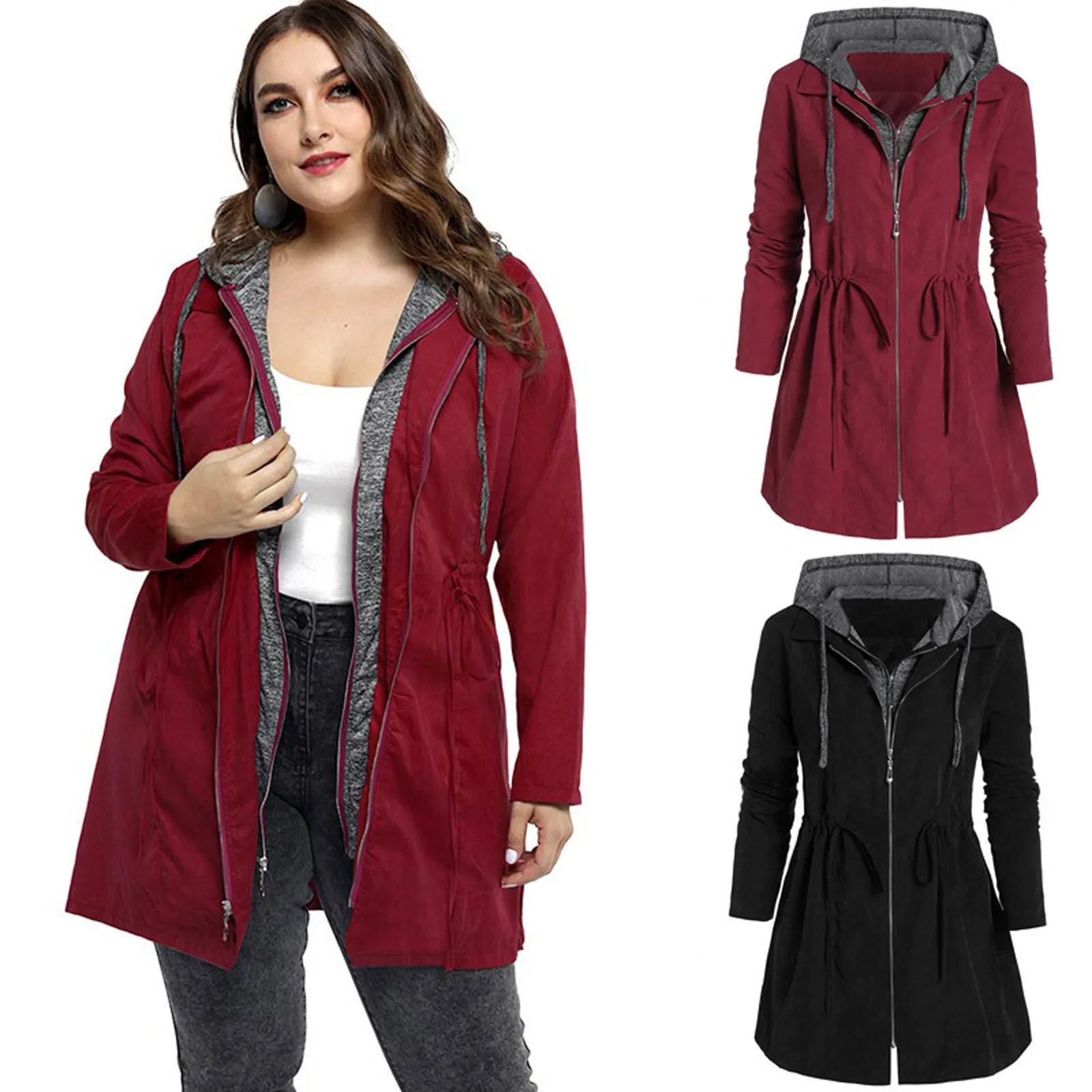 Patchwork Winter Hooded Winter Jackets For Women Plus Size Slimming Waist Drawstring Zipper Up Warm Long Outwear With Pockets