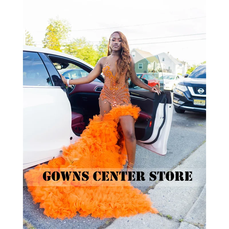 

Sexy Sparkly Ruffles Mermaid Prom Dress Customized For Black Girls High Slit Diamonds Crystals Beaded Birthday Party Gown