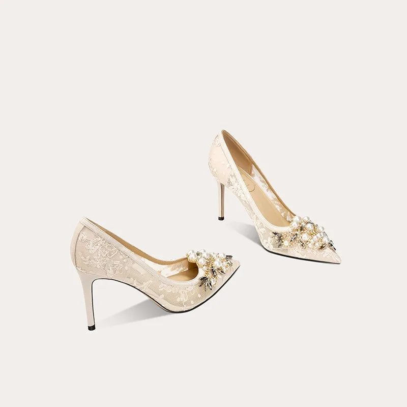 

Designer Women's Shoes Luxury Pearl Banquet High Heels French Bridal Wedding Shoes for Women Fashion Pointed High Heels Zapatos