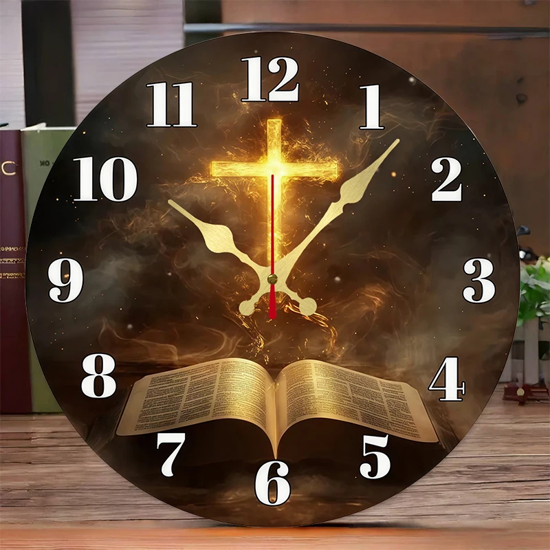 Flame & Open Book Wooden Round Silent Hanging Wall Clock, Suitable For Living Room, Office, Study Room, Bedroom, Home Decoration
