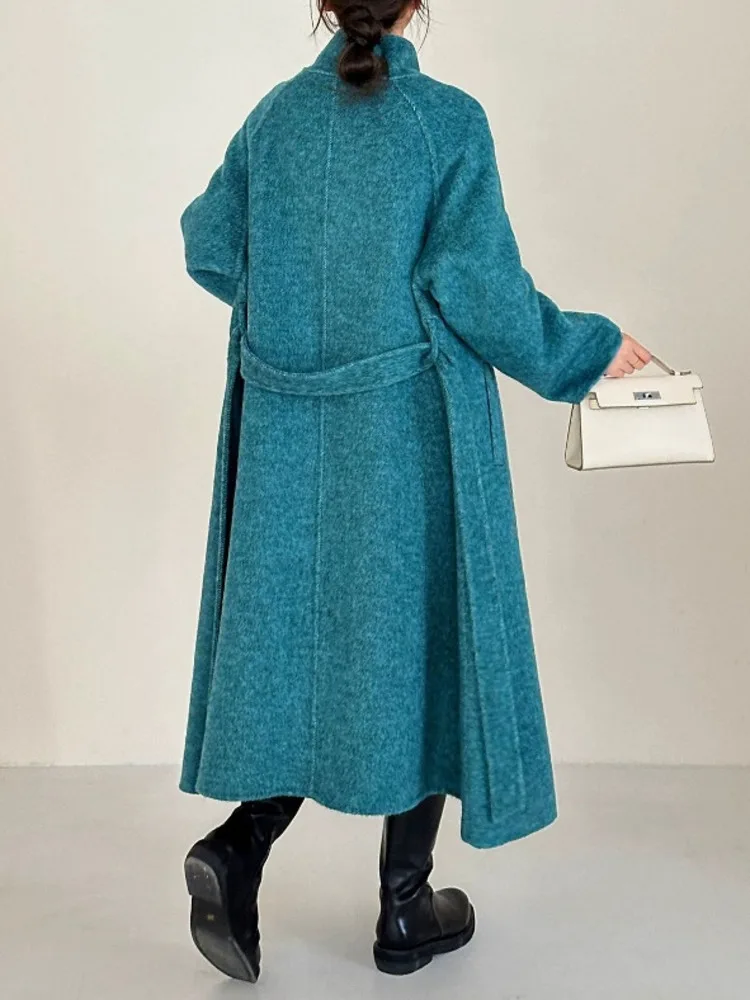 ZMEENNA femmes col montant laine mélange Maxi manteau simple boutonnage à manches longues chaud vêtements de sortie d'hiver coupe ample élégant ZM3355