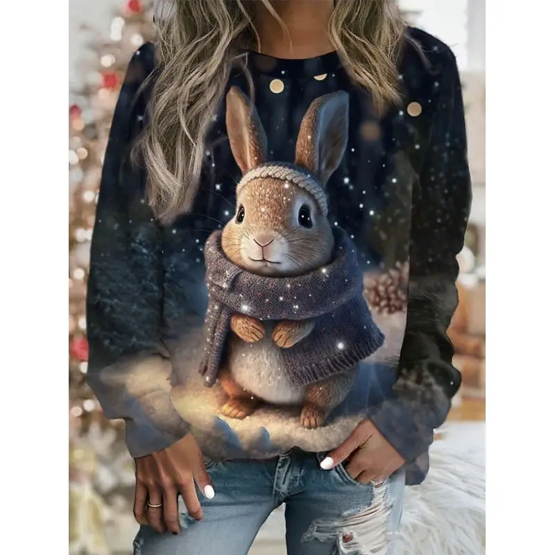 Women's Pull-up Lantern Long Sleeve Round Neck Cartoon Geometric Graphic Print Contrasting Color Christmas Casual Fashion Top
