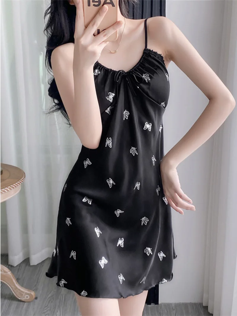 2024 New Silver Hot Butterfly Suspender Nightgown For Women Summer, Ice Silk Girl With Chest Cushion Sexy Dress Elegant Y7GQ