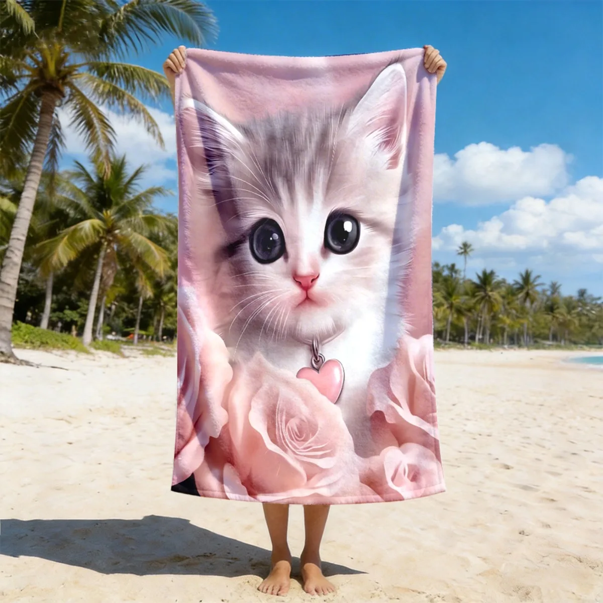 Cute Cat Rose Print Beach Towel Polyester Soft Quick Dry Large Bath Towel Summer Swimming Pool Surfing Blanket