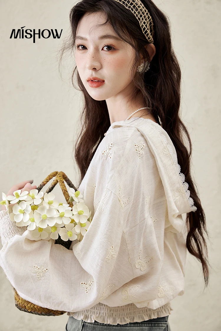 MISHOW French Spring Blouses Women 2025 New Hooded Long Sleeve Embroidery Lace Chiffon Shirts Woman Sunscreen Thin MXE15W0763