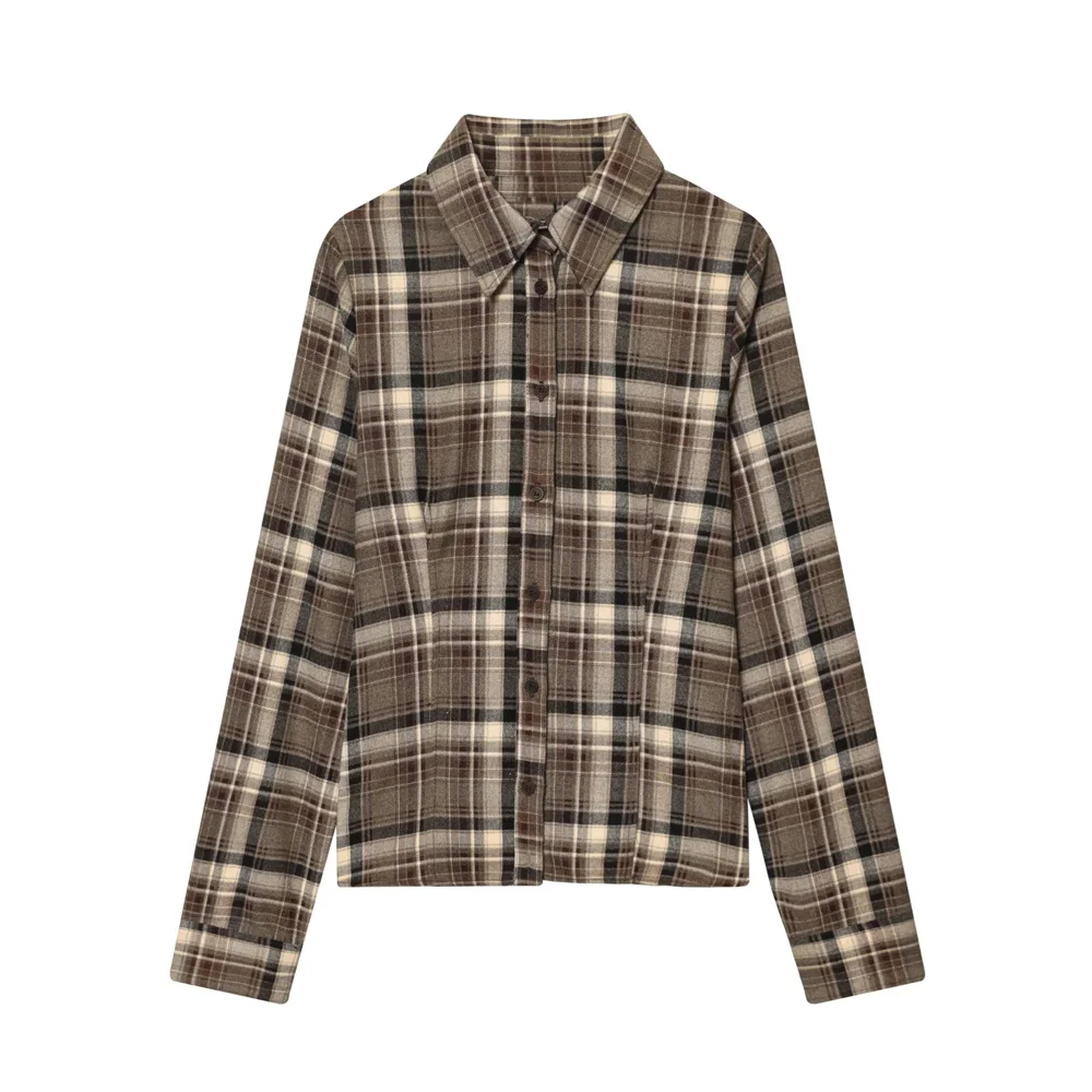 

New autumn and winter women's fashion casual versatile lapel long sleeved single breasted checkered shirt