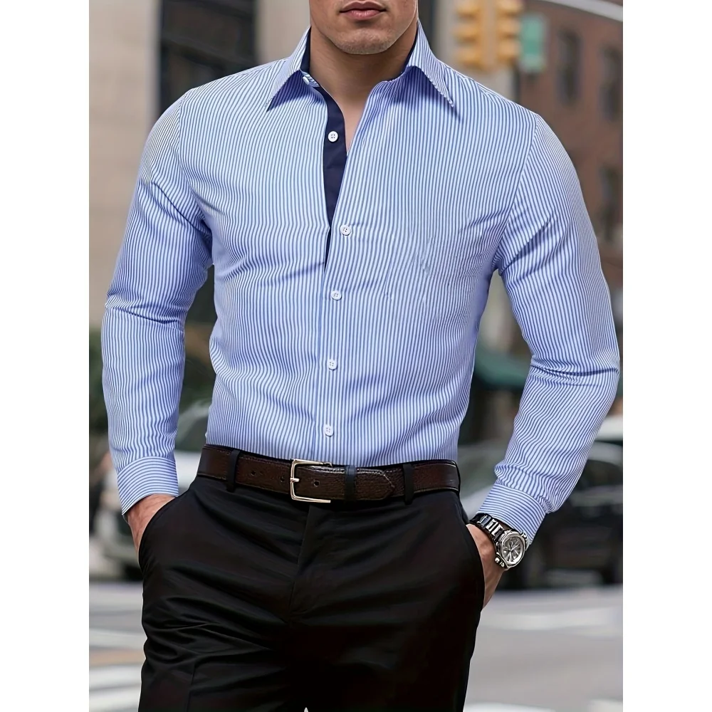 

Men's Fashion Striped Print Shirts, Casual Breathable Lapel Button Long Sleeve Shirt For Spring Fall Men's Clothing Formal Shirt