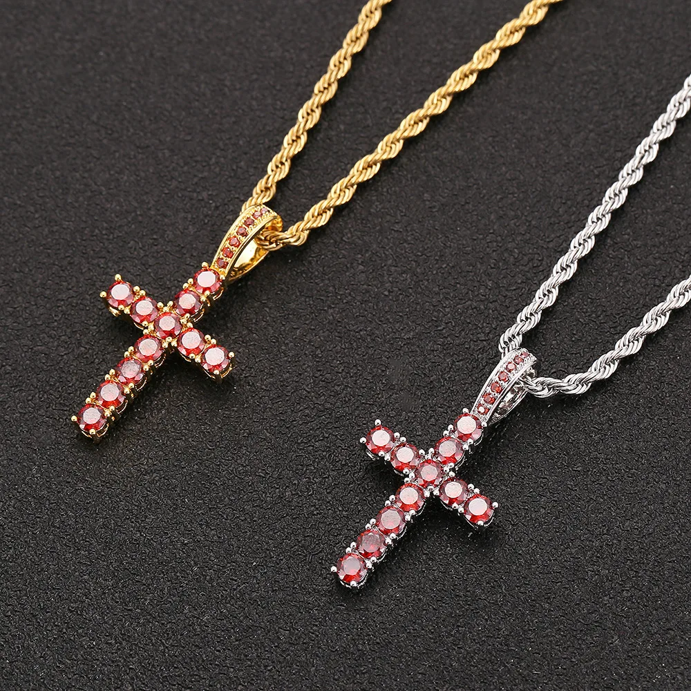 ESKEEM 18K Gold Silver Iced Out Diamond Cross Pendant Red Color Zircon Hip Hop Fine Cross Pendants for Men & Women
