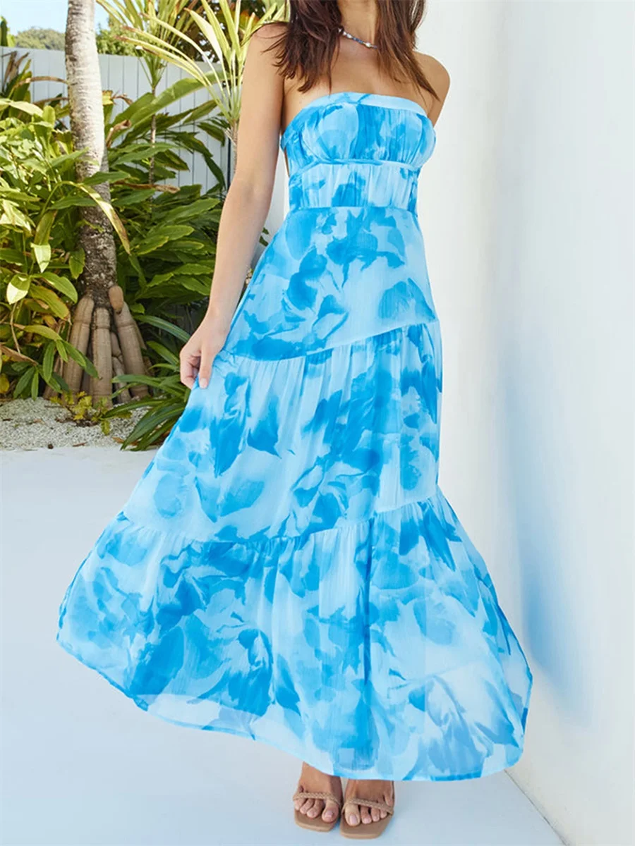 Nova moda feminina vestido sem alças elegante estampa floral sem mangas tubo longo vestido para verão venda quente s m l