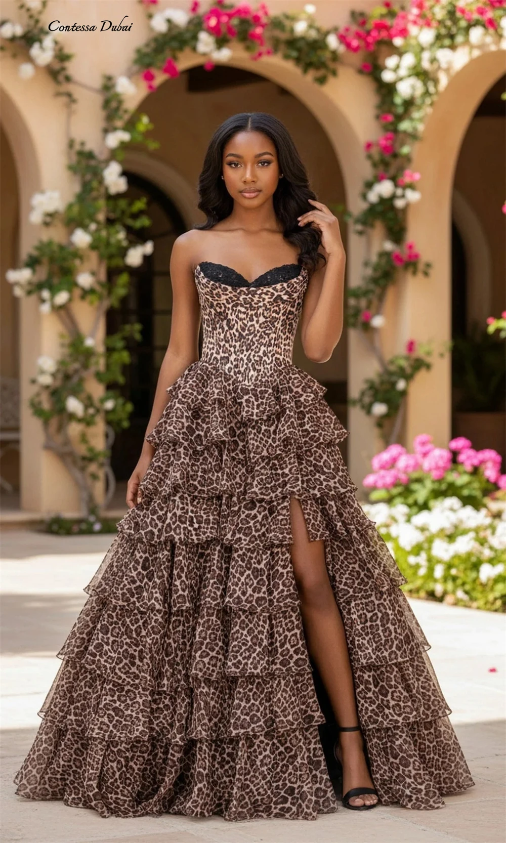

Contessa Customized Leopard print Sweetheart ball gown High-low A-Line robes de soirée Strapless Floor-Length Formal events dres
