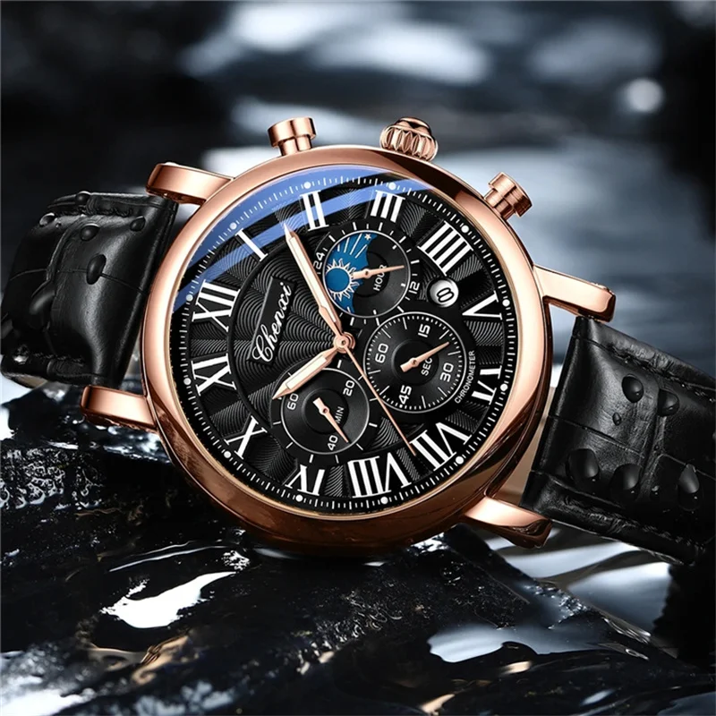 CHENXI 973 Multi-function Business Moon Phase Date Waterproof Rome Analog Imported Men Wristwatch Dial Quartz Leather Watches images - 6