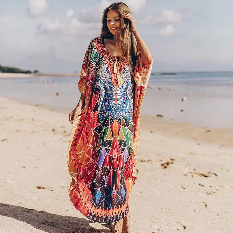 Boho Beach Wear Bikini Cover Up for Women Tunic Floral Printed V Neck Tassel Loose Kaftan Summer Vintage Long Dress Robe Gown