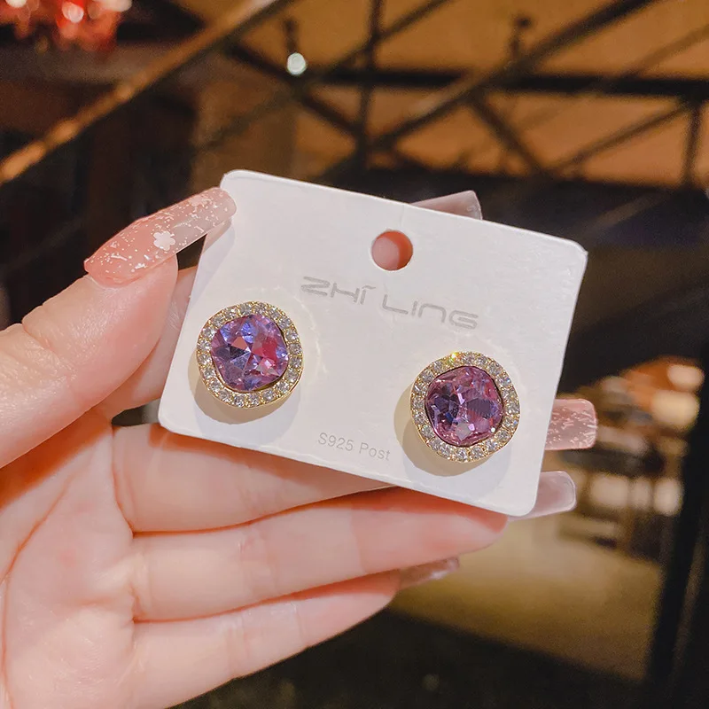 Zircon Arrounding Square Stud Earrings Big Amethyst Earstud Brief Small Ornaments Luxury Jewelry Earrings Fashionable All-match