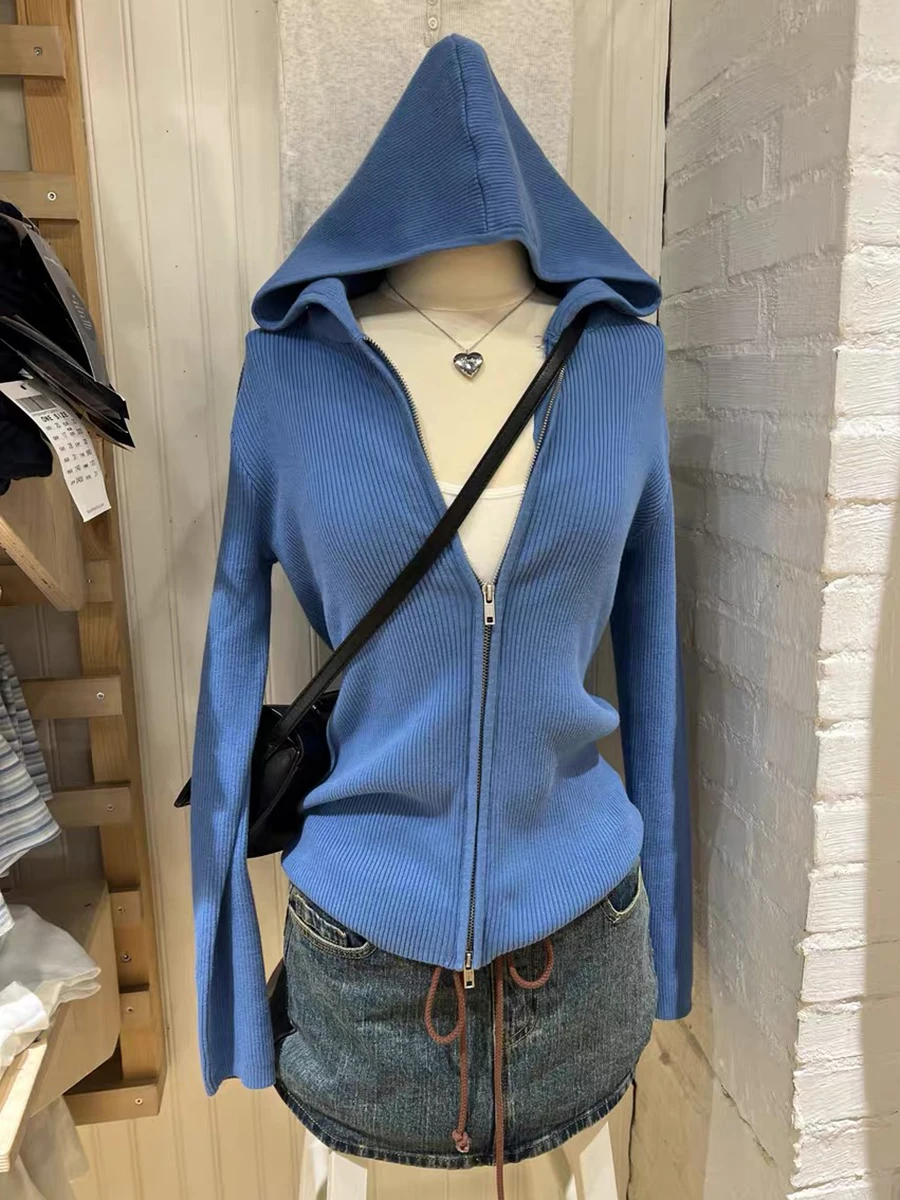 

Vintage Solid Knitted Hooded Cardigan Autumn Double Zippers Long Sleeve Ribbed Sweater Women Women New Cotton Blue Knitwear Tops