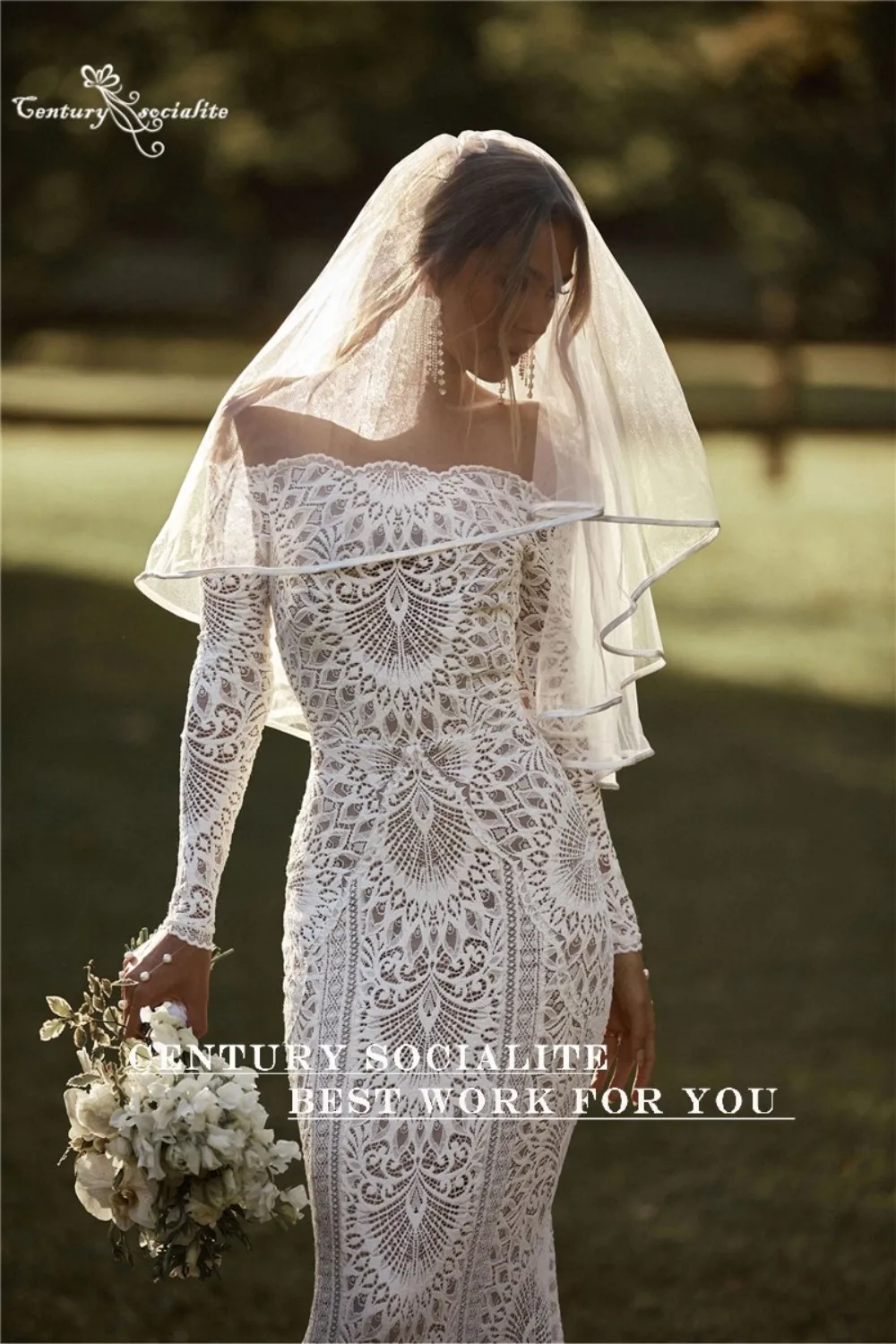 Rustic Boho Wedding Dress Mermaid 2025 Off Shoulder Long Sleeve Lace Boho Bride Dresses for Women Bride Customized