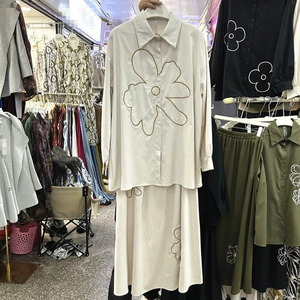 Camisa holgada de manga larga bordada de diseño europeo + falda con cintura elástica conjunto de dos piezas-GZTZ010