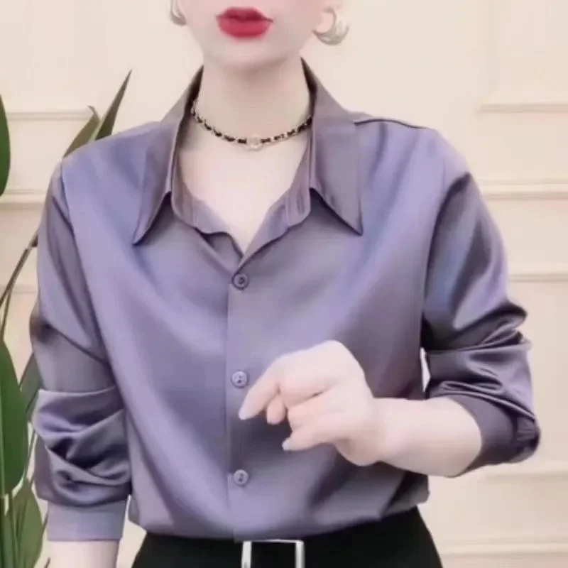 قميص سطح الساتان الإناث الدهون شقيقة طويلة الأكمام 6XL السيدات بلايز الربيع والخريف ارتداء جديد الحرير القمم الراقية القمصان B9