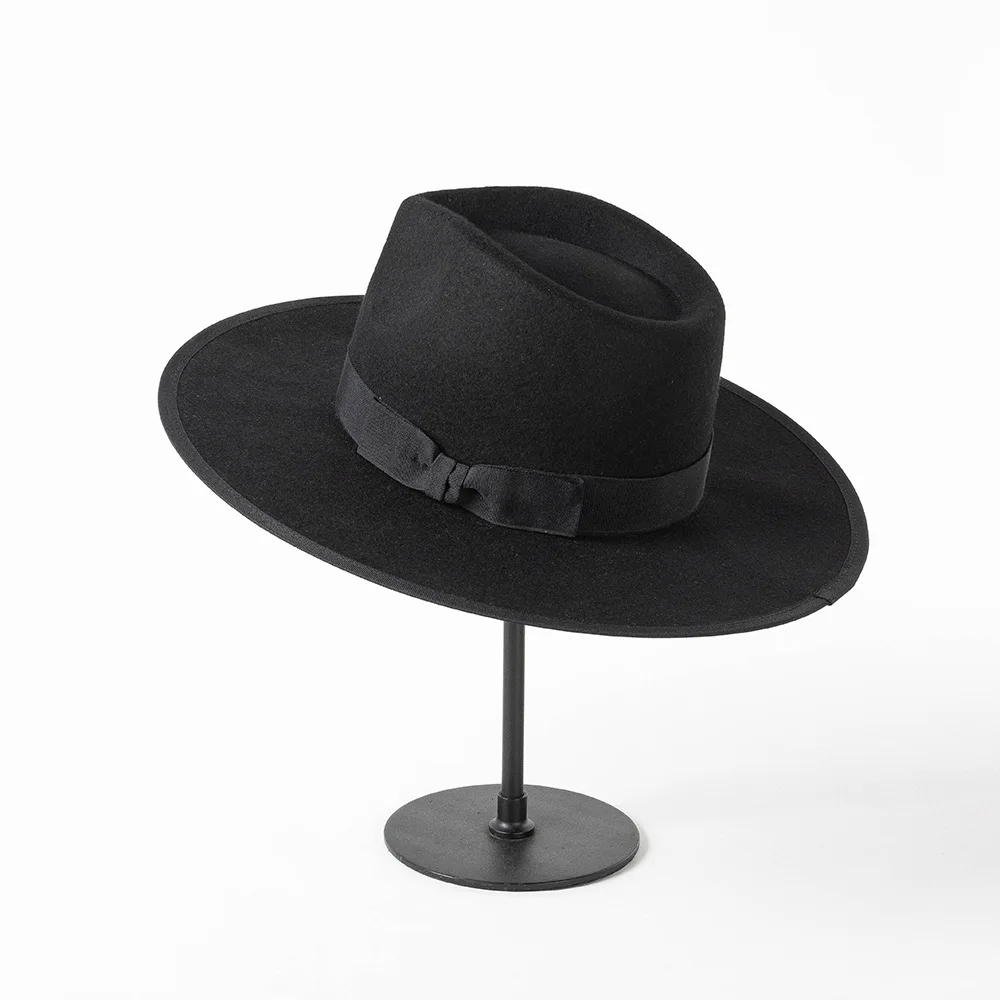 Autumn Winter New Fashion Retro Crown Jazz Top Bowknot Edged Woolen Felt Hat Warm Internet Celebrity Jazz Hat