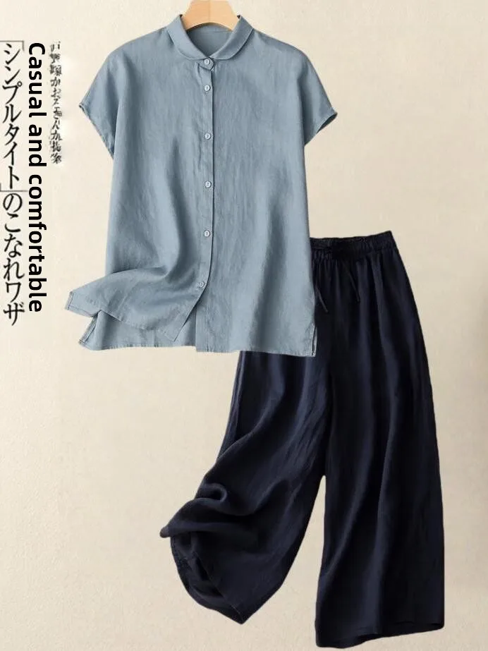 Conjunto de dos piezas de lino y algodón para mujer, color puro, ort Sve irt, verano 2025, nuevo Sle Fly Sve