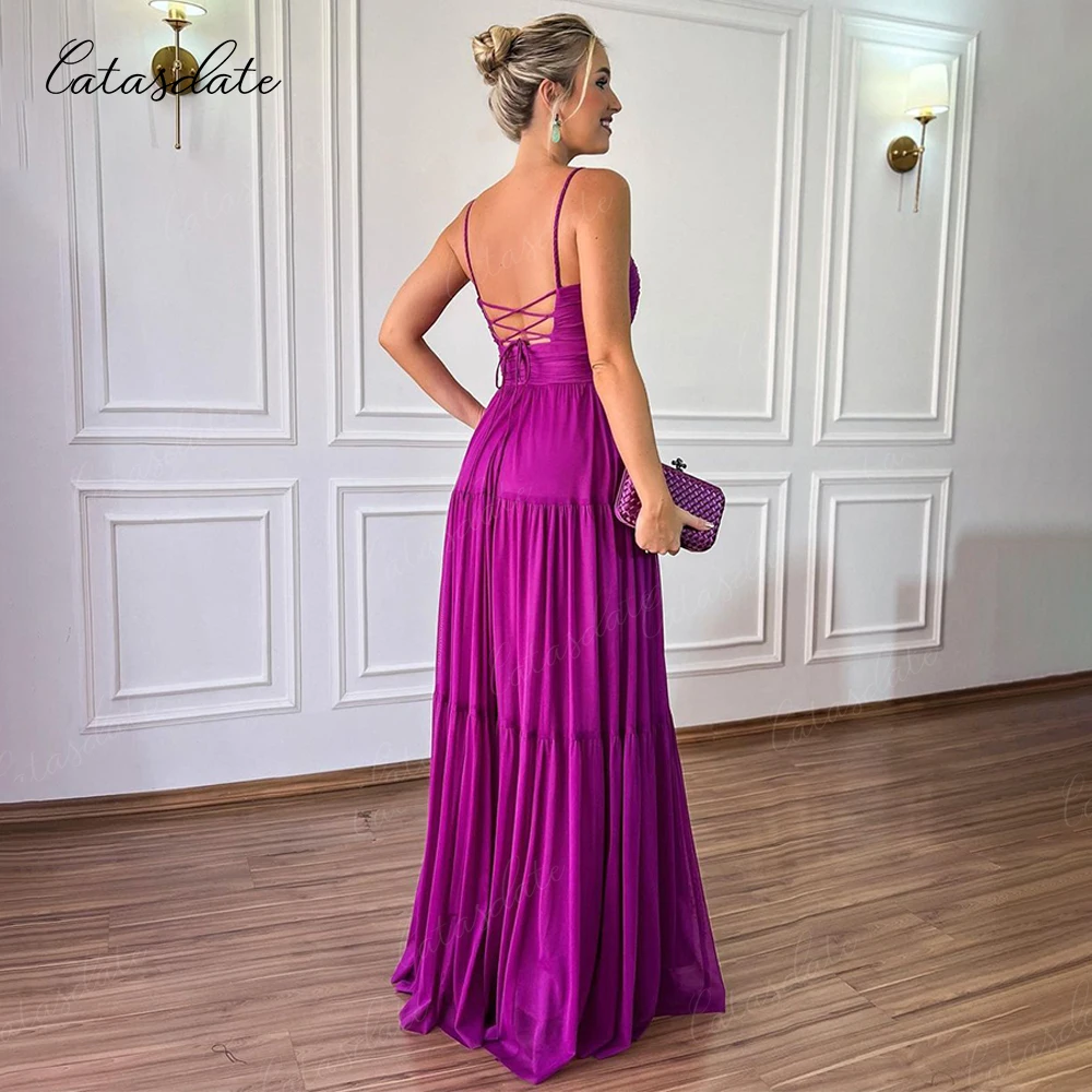 Catasdate Purple Evening Dress Lace Up Back Party Dresses for Women Wedding Ceremony Party Gown with Pleats vestidos de noche