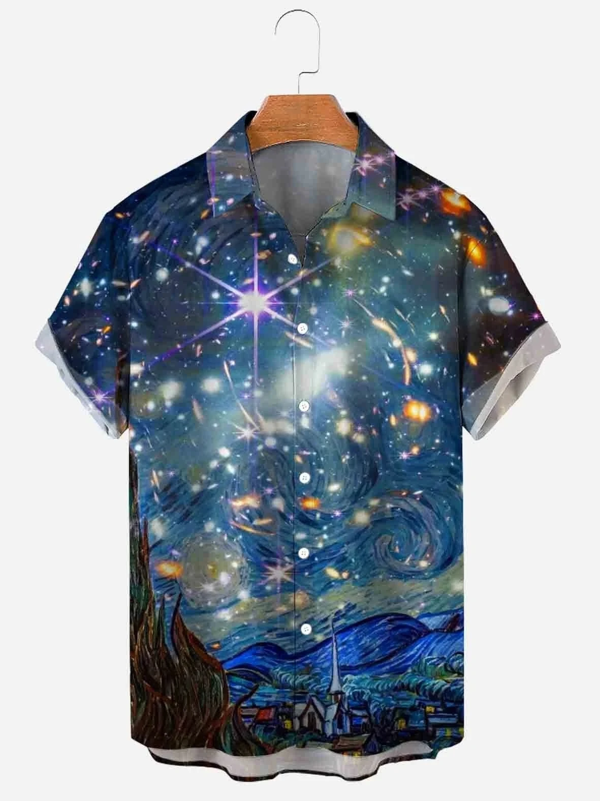 Men's fashion quality 3D clothing retro Van Gogh starry night collar loose short sleeved fashionable Hawaiian men's shirt