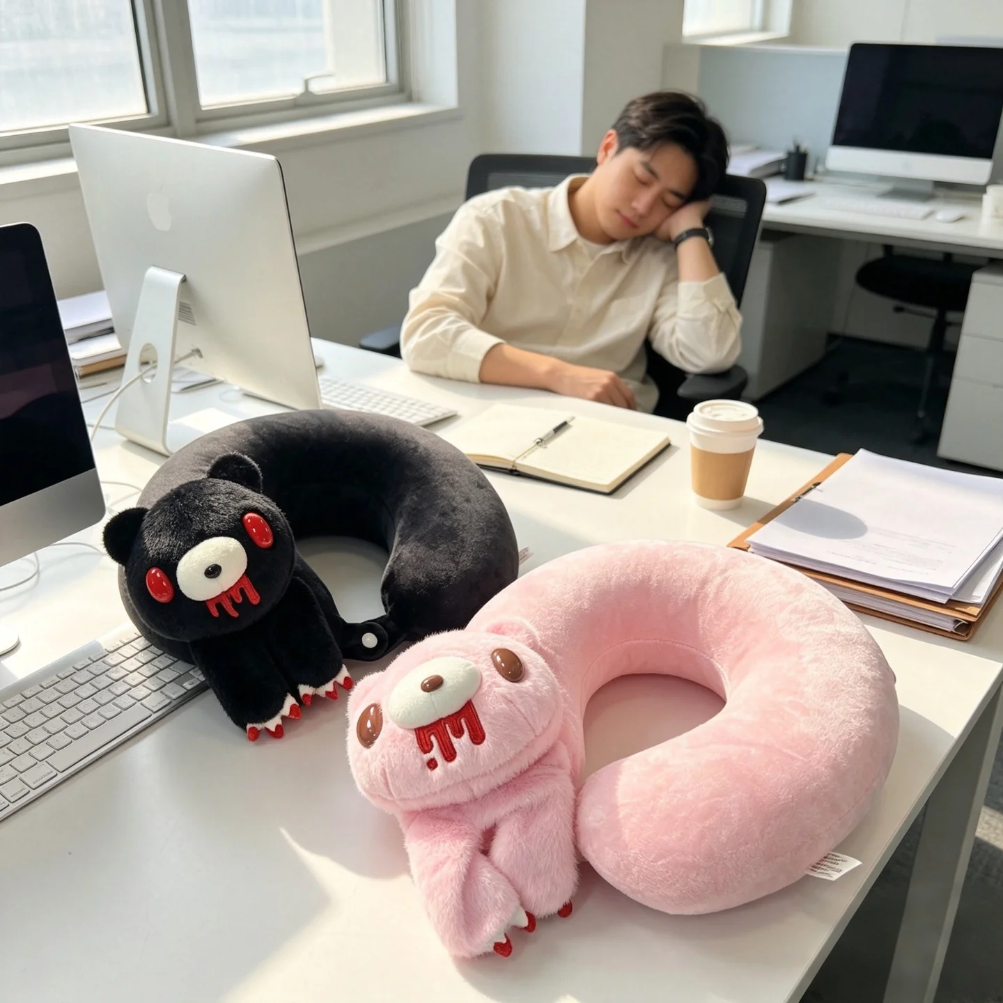 Gloomy Bear U-Shaped Plush Neck Pillow, Red Blood Mouth Decor Soft Cushion, Cozy Travel Nap Pillow Gift