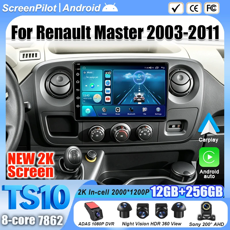10 Inch Android 16 For Renault Master 2003-2011 Car Radio Stereo Head Unit Multimedia Video Player 2K QLED GPS Navigation 8 Core