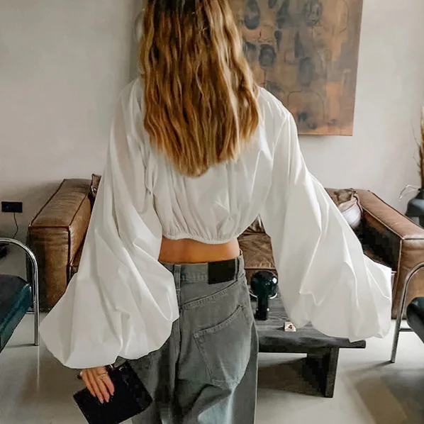 الجوف خارج الخريف المرأة بلوزة جولة الرقبة الرباط تكدرت فانوس كم الإناث بلوزة Instagram-Style أبلى لسيدة
