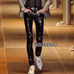 Spring Summer Men's Plus Size Super Soft Black Singer Patent Leather Mirror Pants New Hip Hop Personality Male Fashion Trousers