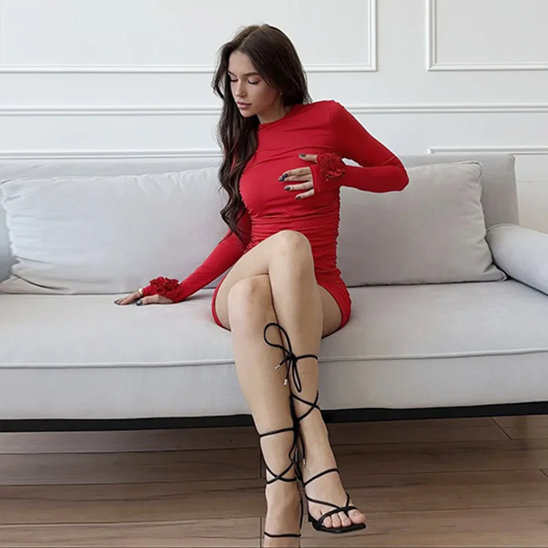 Elegant Red 3D Floral Mini Dress for Women Sexy Ruched Slim Christmas Party Dresses Autumn Fashion Long Sleeve Club Dress 2024