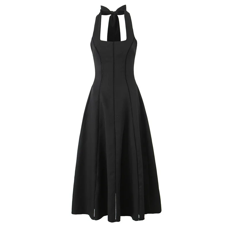 

2025 Spring New Women's Clothing French Style Temperament Halter Slimming Solid Color A- line Dress Women