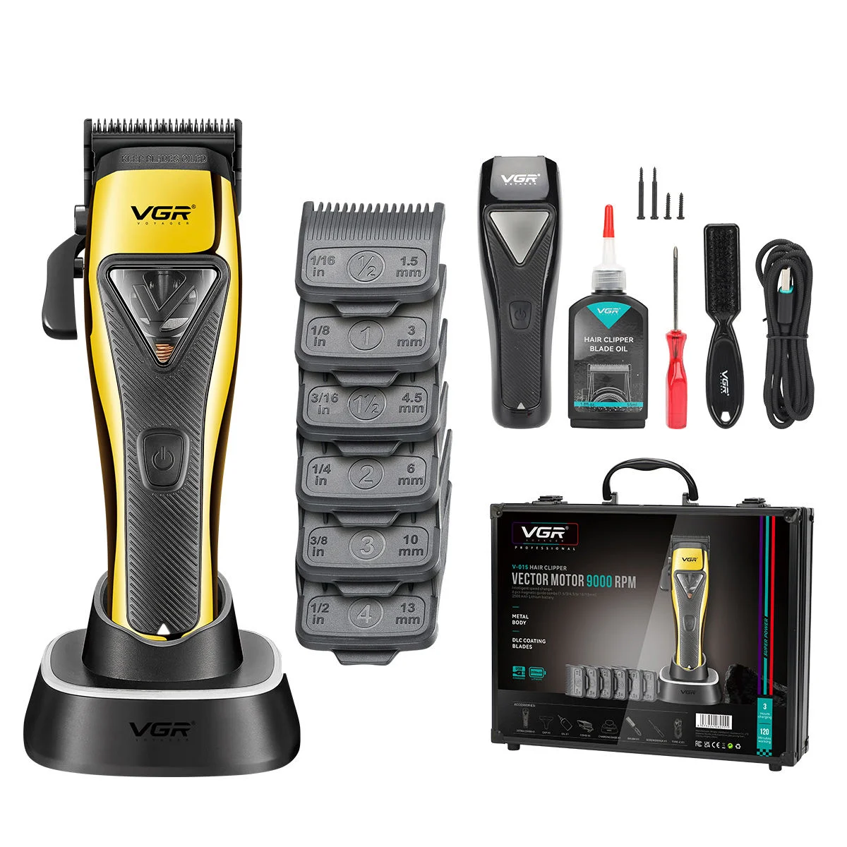 

2025 VGR-015 9000 RPM Pro Hair Trimmer For Men - High Speed Vector Motor For Fast, Smooth Cutting With Full Guard Kit & Case