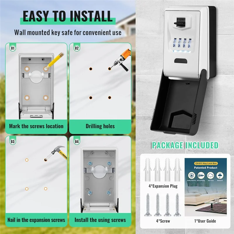 A04G-Combination Key Holder With Light Up Dials Waterproof Wall Mount Key Lock Box For Outside Sturdy Storage