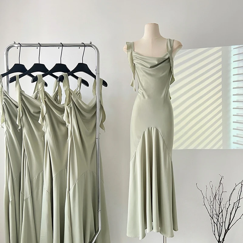 

Satin Designed Ruffles Women Dress Elegant Korean Spaghetti Straps Summer Simple Green Ladies Party Vestidos New