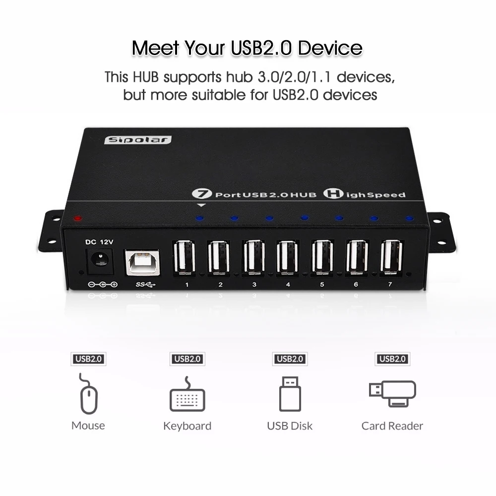 Sipolar A-172 Industrial USB 2.0 HUB Design With 36W 12V3A Power Adapter Aluminum 7 Ports USB Charger Port Hub Black