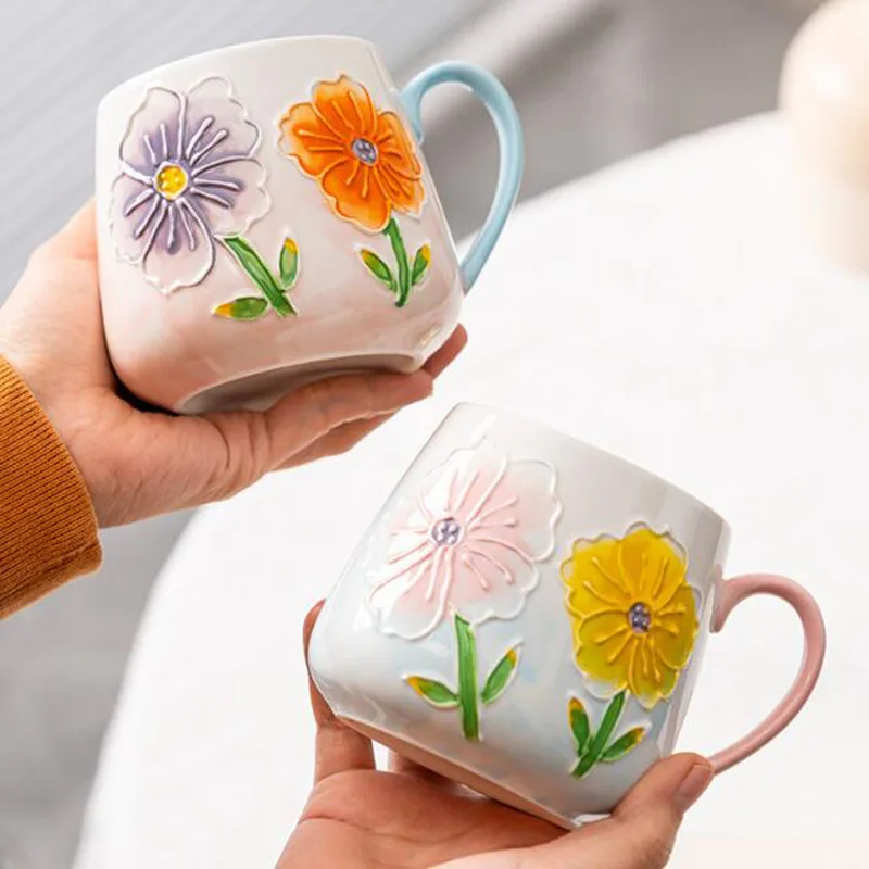 

Porcelain Handpainted Relief Flower Pattern Coffee Mug Big Capacity Breakfast Milk Mug Office Handgrip Water Cup Drinkware