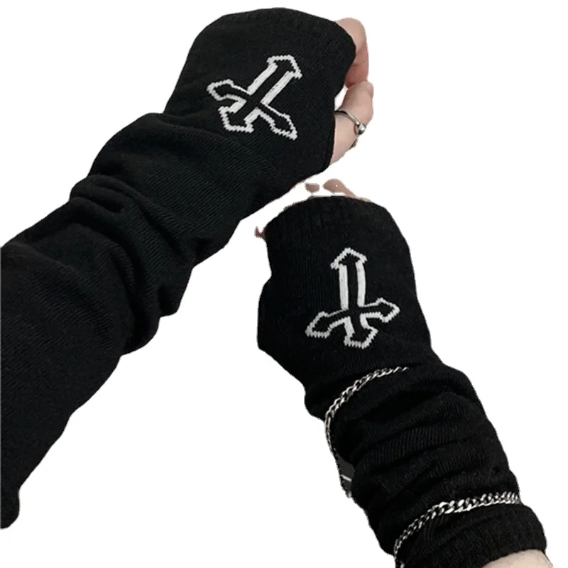 Ninja Cross Oversleeve Streetwear Women Wrist Arm Warmer Knitted Long Fingerless Black Mitten Halloween Arm