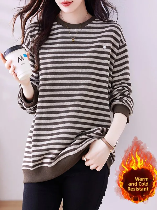 Dames rond Ne Sweatshirt Gestreept Loose Fit Thiened Halflange Faionable Vintage Sle Herfst Winter Nieuwe collectie Top