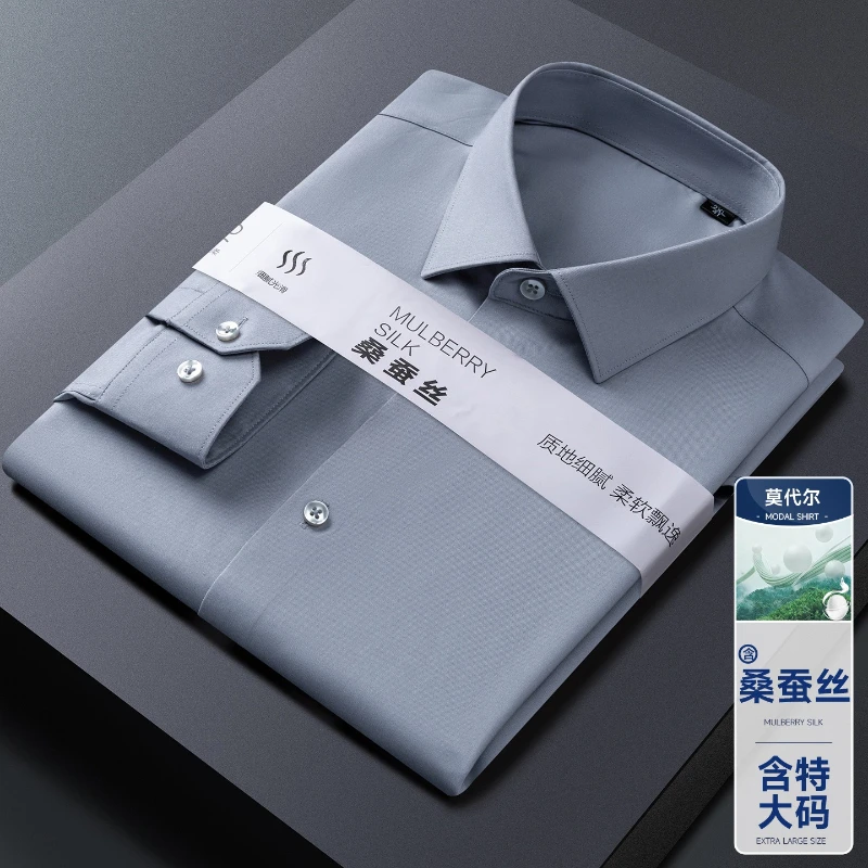 10XL Work White Shirt for Men Long Sleeve Man Shirt Plus Size Big and Tall Modal Mulberry Silk Casual Long Sleeve Men's Shirt