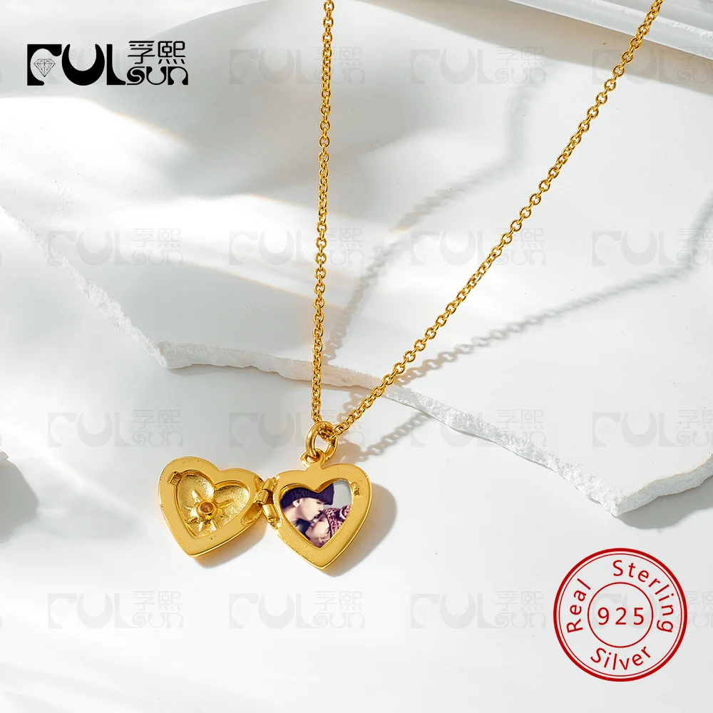 Collar con Medallón de Corazón para Fotos, Plata de Ley 925, Chapado en Oro de 14K, para Mujer, con Piedra CZ Individual, Colgante con Imagen, Joya para Guardar Recuerdos