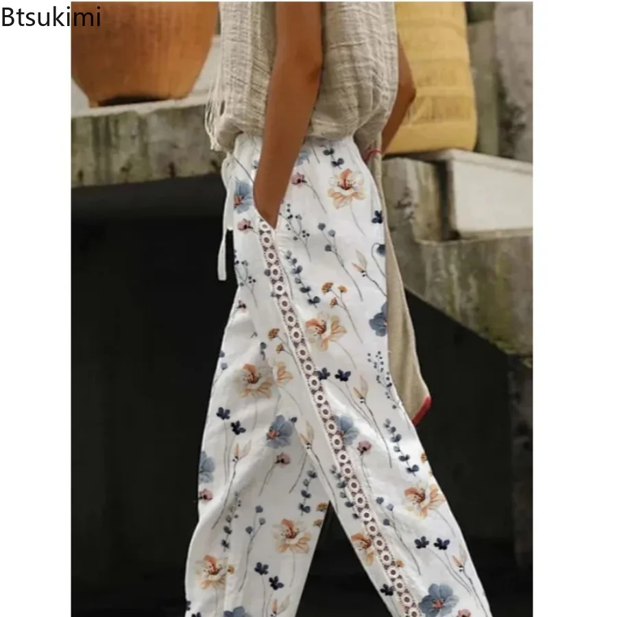 Fashion Women's Lace Splice Floral Printing Casual Pants Summer Loose Sweet Breathable Straight Leg Pants Women Streetwear Pants