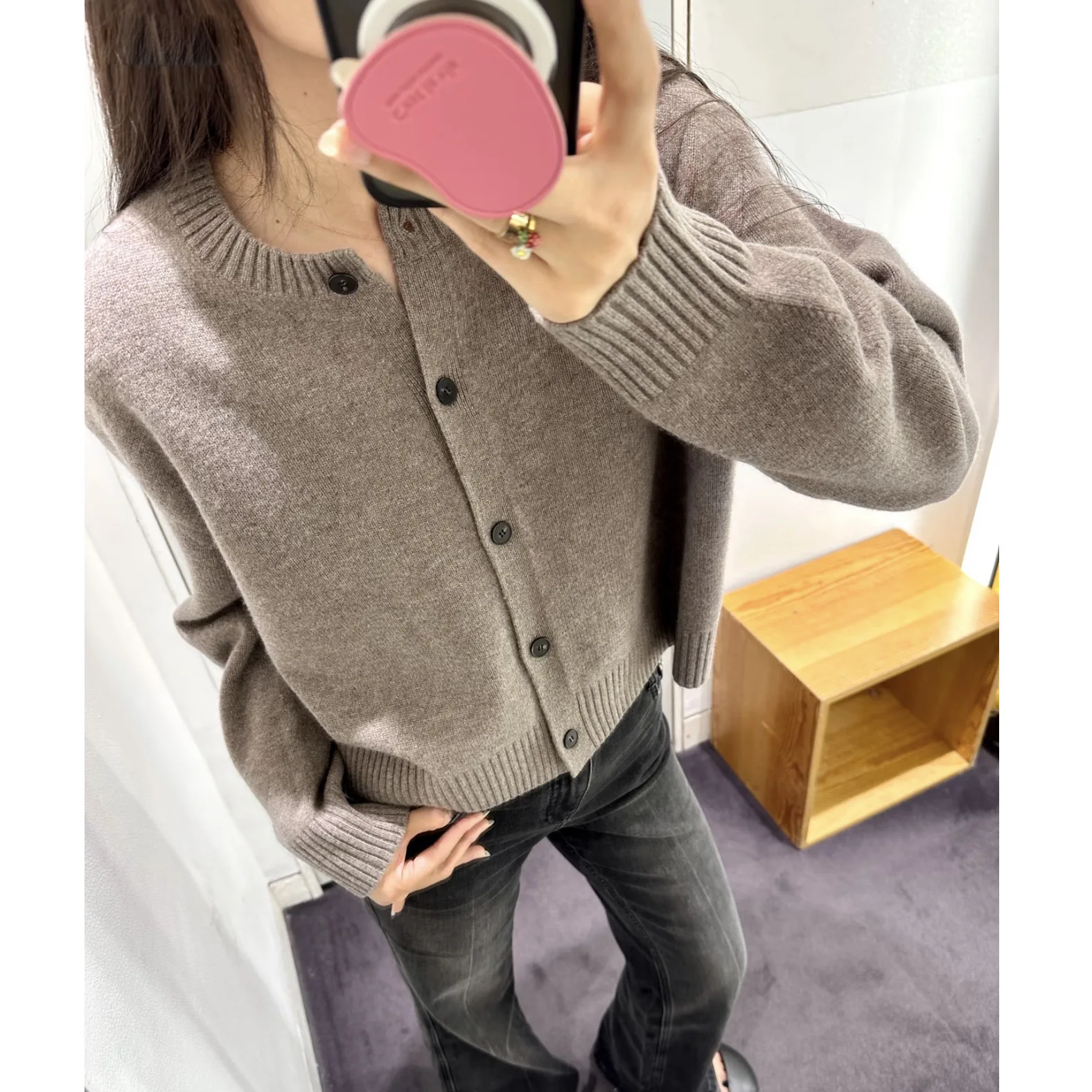 

Stand Fit Merino Wool Open Cardigan in Moire ey New Autumn 2025 Ladies Knitted Sweater Simple Casual Long Sve round N...